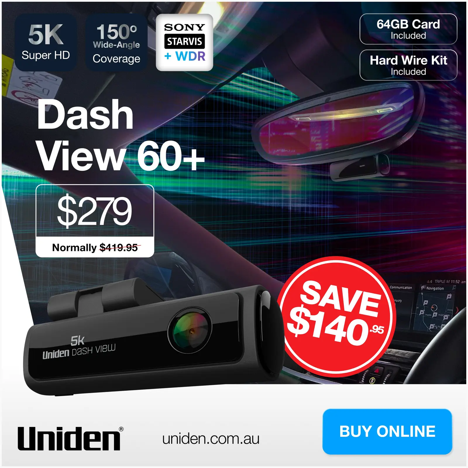Uniden Dash View 60+ dashcam, official product image
